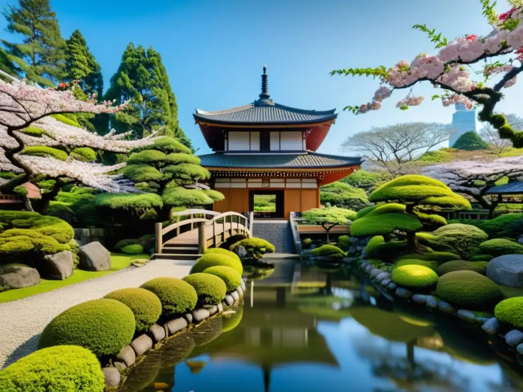 Tranquilo jardín japonés con un puente de madera sobre un estanque, rodeado de musgo verde y un edificio centenario en la Escuela de Samuráis de Obi