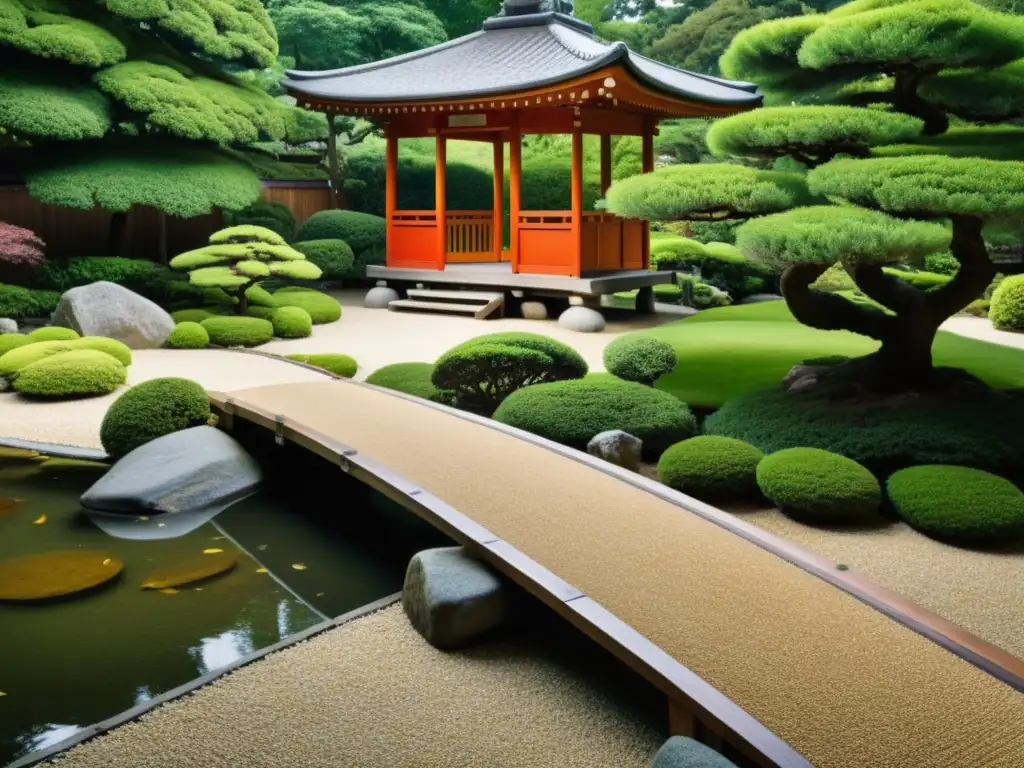 Tranquilo jardín japonés con puente de madera y pagoda al fondo