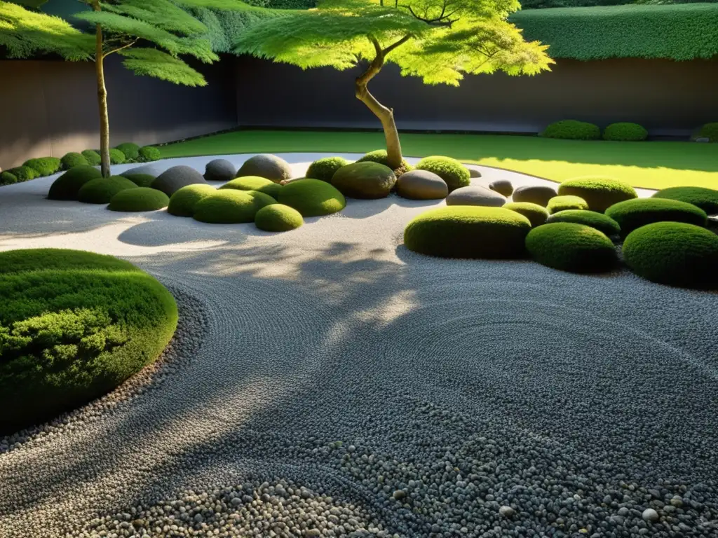 Tranquilo jardín zen japonés con rocas y vegetación