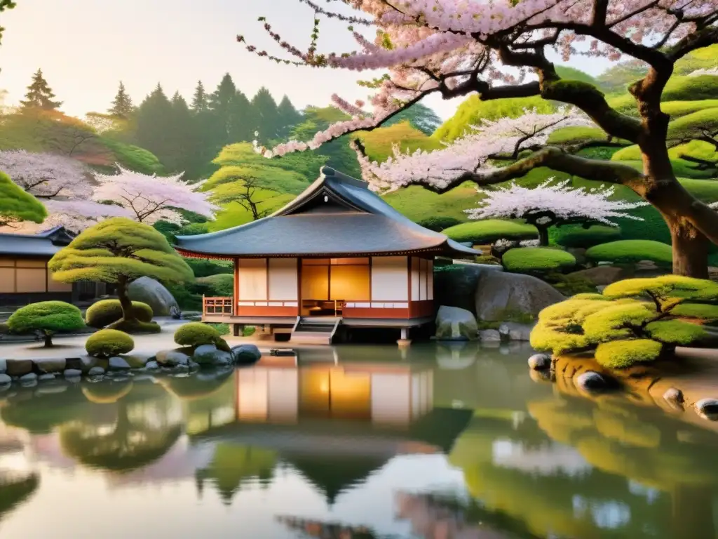 Un tranquilo teahouse japonés rodeado de cerezos en flor con estudiantes debatiendo