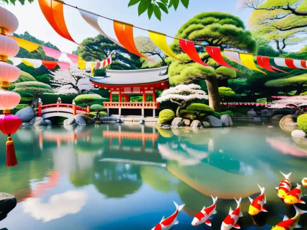 Tranquilo jardín japonés con koinobori ondeando en el viento, simbolizando la celebración de Children's Day durante las festividades de Sekku