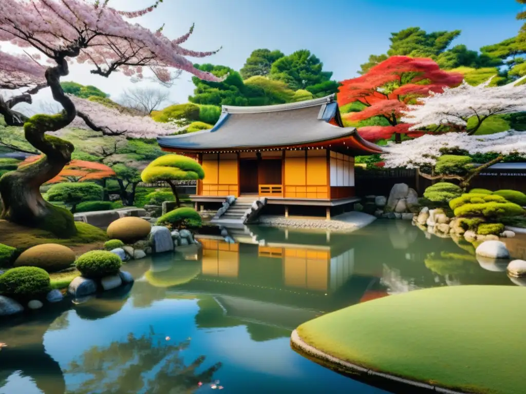 Un jardín tranquilo en Kyoto, Japón, con una tradicional casa de té japonesa entre vibrantes cerezos en flor