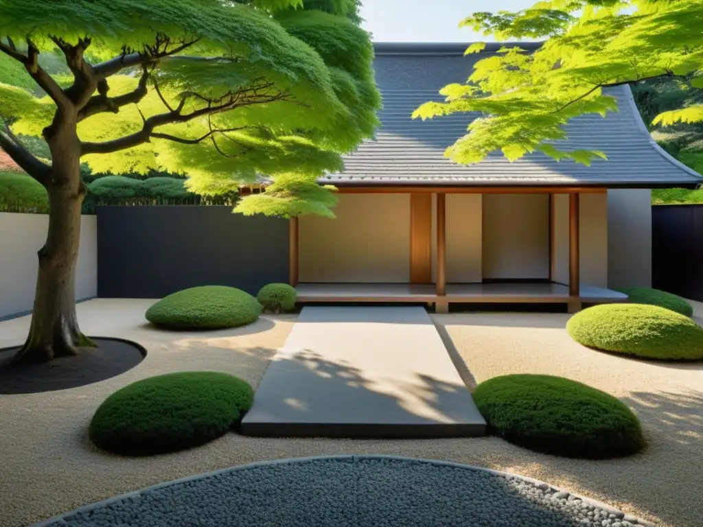 Un jardín tranquilo y minimalista con un puente de piedra y una casa de té japonesa al fondo