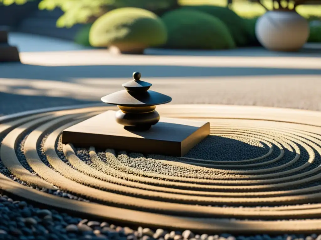 Tranquilo jardín Zen con naginata japonesa apoyada en linterna de piedra, influencia zen en Naginatajutsu