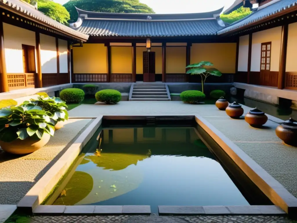 Tranquilo patio de la Escuela de Samuráis de Obi, con edificios de madera y tejados oscuros