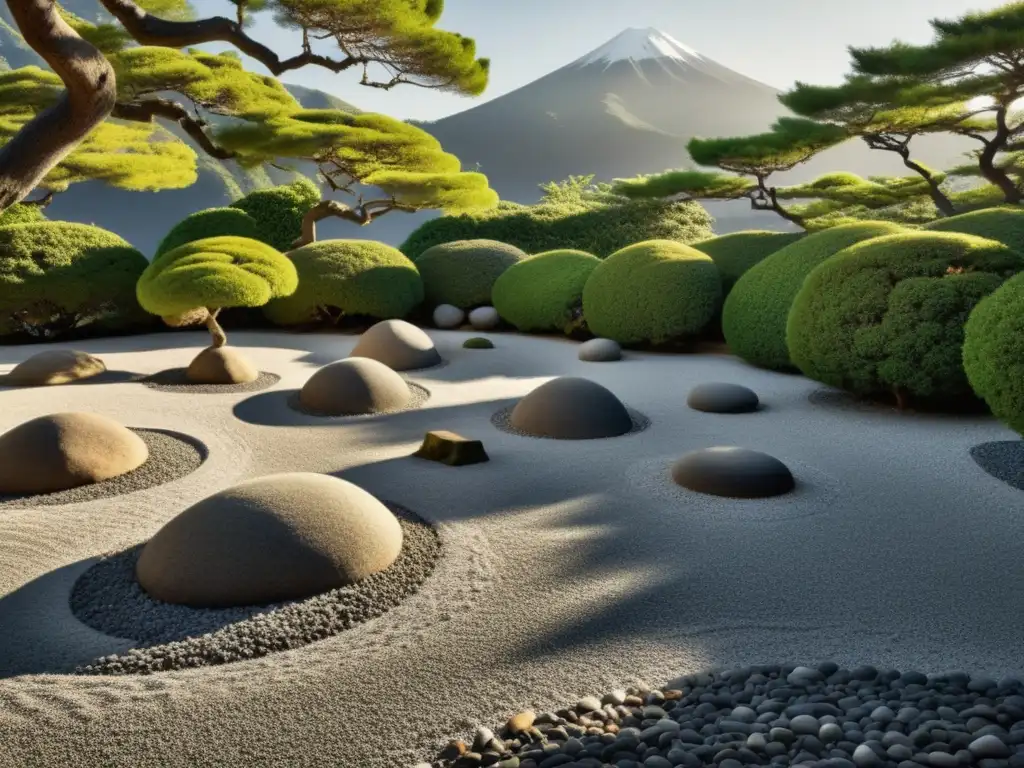 Tranquilo jardín de rocas japonés en blanco y negro, reflejando la espiritualidad del samurái en textos filosóficos