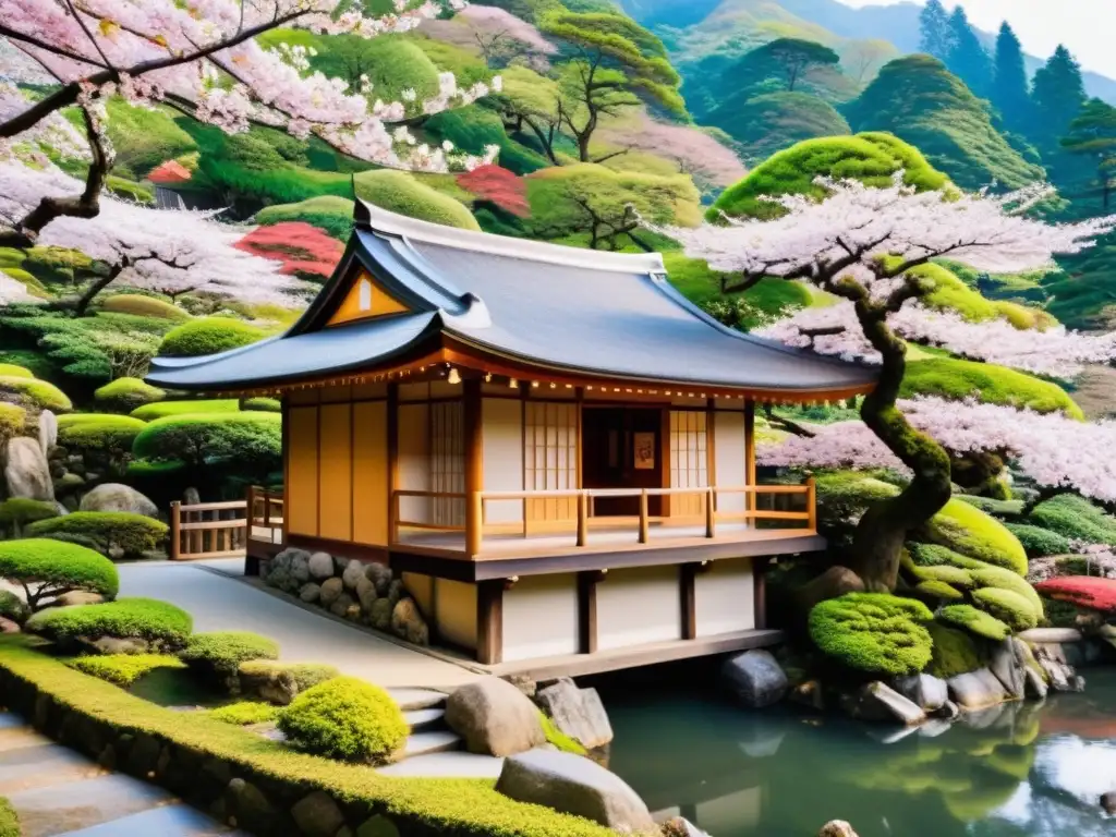 Tranquilo santuario budista en la montaña con casa de té japonesa, sakuras y ceremonia del té en kimono