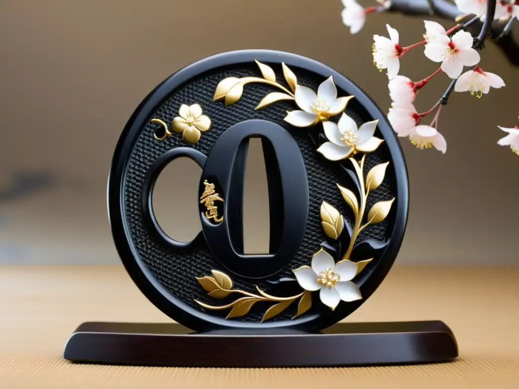 Un Tsuba de hierro adornado con cerezos en flor, junto a una katana japonesa