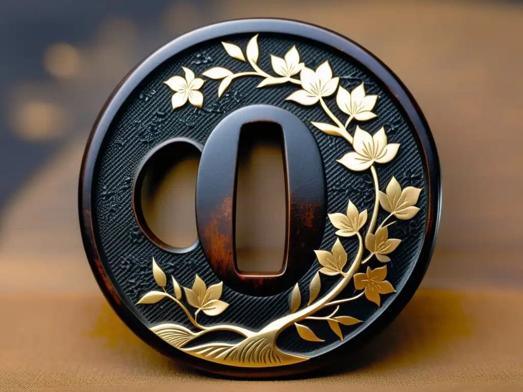 Un tsuba japonés de hierro, con intrincados grabados de cerezos en flor y delicados detalles en oro