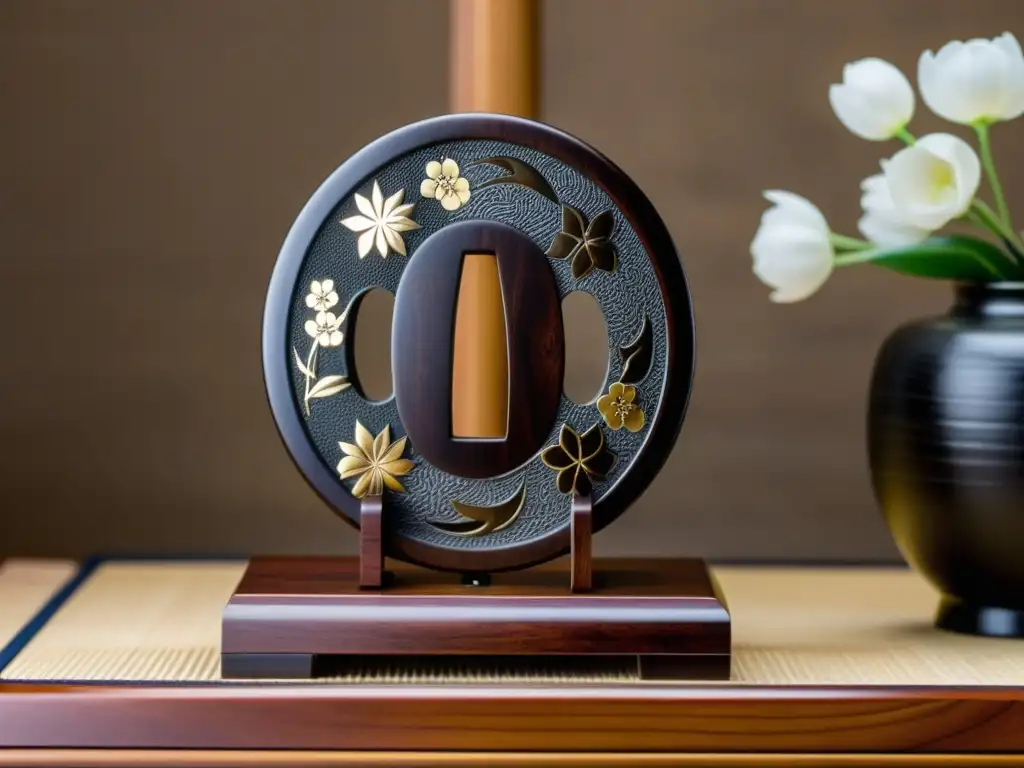 Réplica de Tsuba japonesa con grabados florales en un elegante soporte de madera, destacando su artesanía y diseño