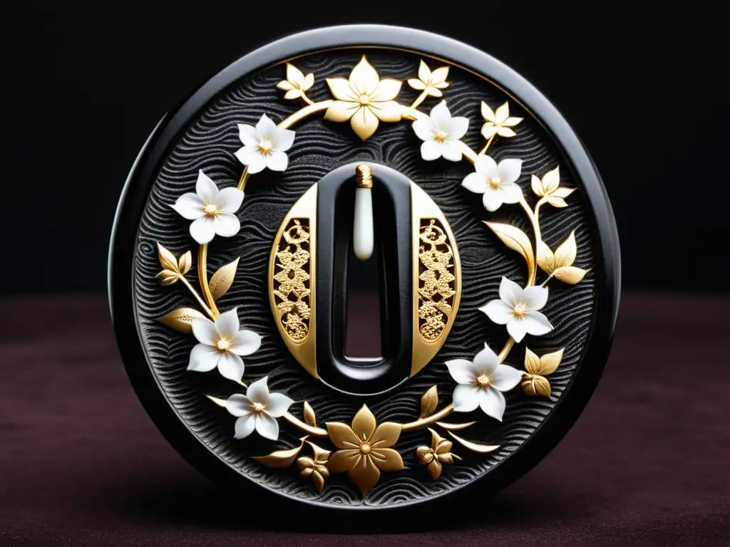 Un Tsuba tradicional con diseño de cerezos y patrones en hierro tallado, sobre terciopelo negro