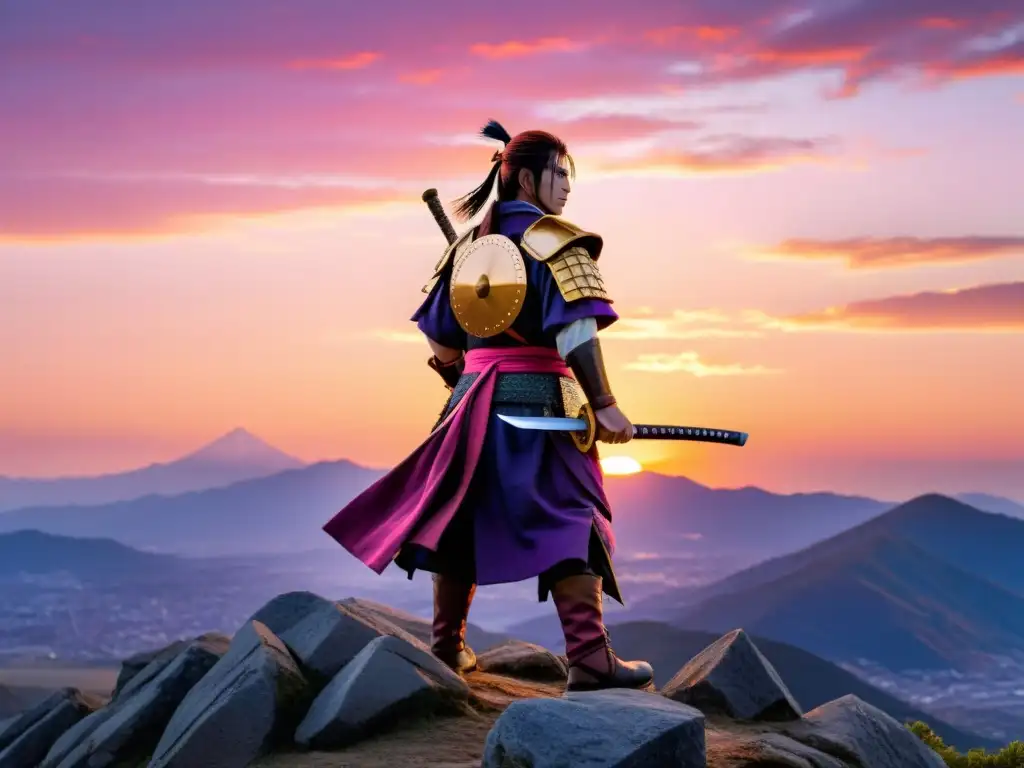 Uesugi Kenshin, el legendario warlord de Echigo, en armadura samurái en lo alto de una montaña al atardecer, irradiando determinación y fuerza