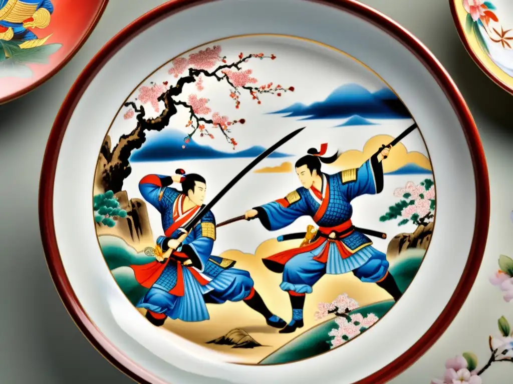 Vajilla de porcelana japonesa con diseño detallado de samuráis en batalla y flores de cerezo, inspirada en la cultura samurái