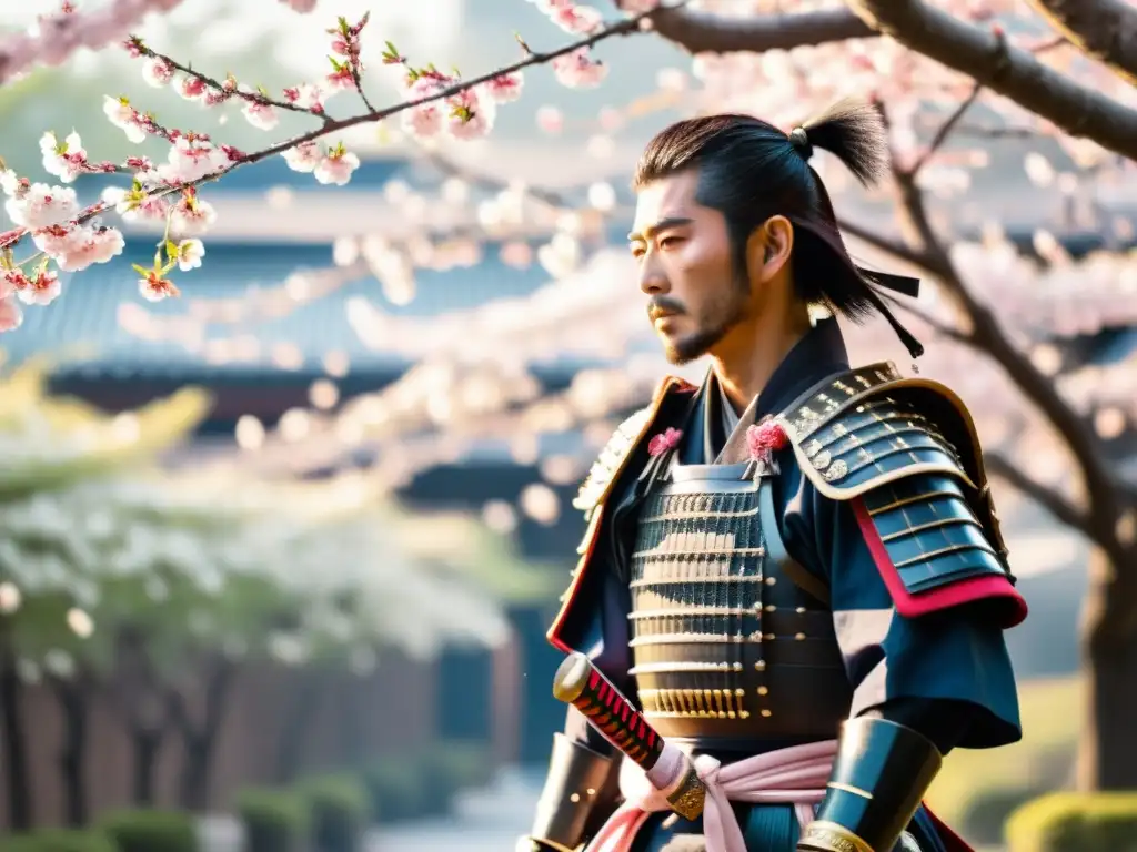 Un valeroso samurái japonés, en armadura tradicional, bajo la luz del sol entre los cerezos en flor