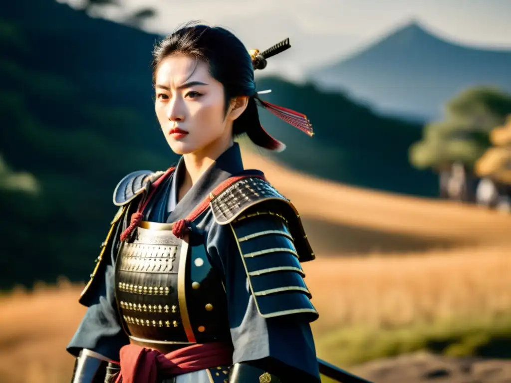 Una valiente mujer samurái en armadura tradicional, con katana en mano, en un campo de batalla japonés, reflejando los roles de la mujer samurái