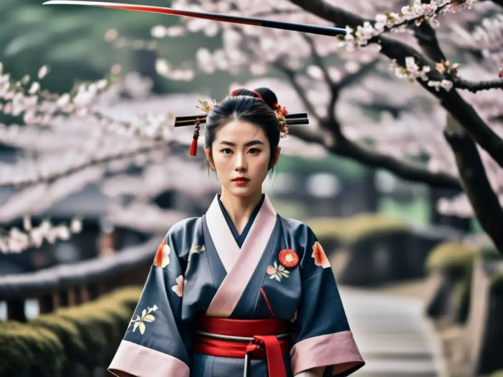 Una valiente onnabugeisha samurái, Nakano Takeko, con expresión determinada, sosteniendo un naginata rodeada de cerezos en flor