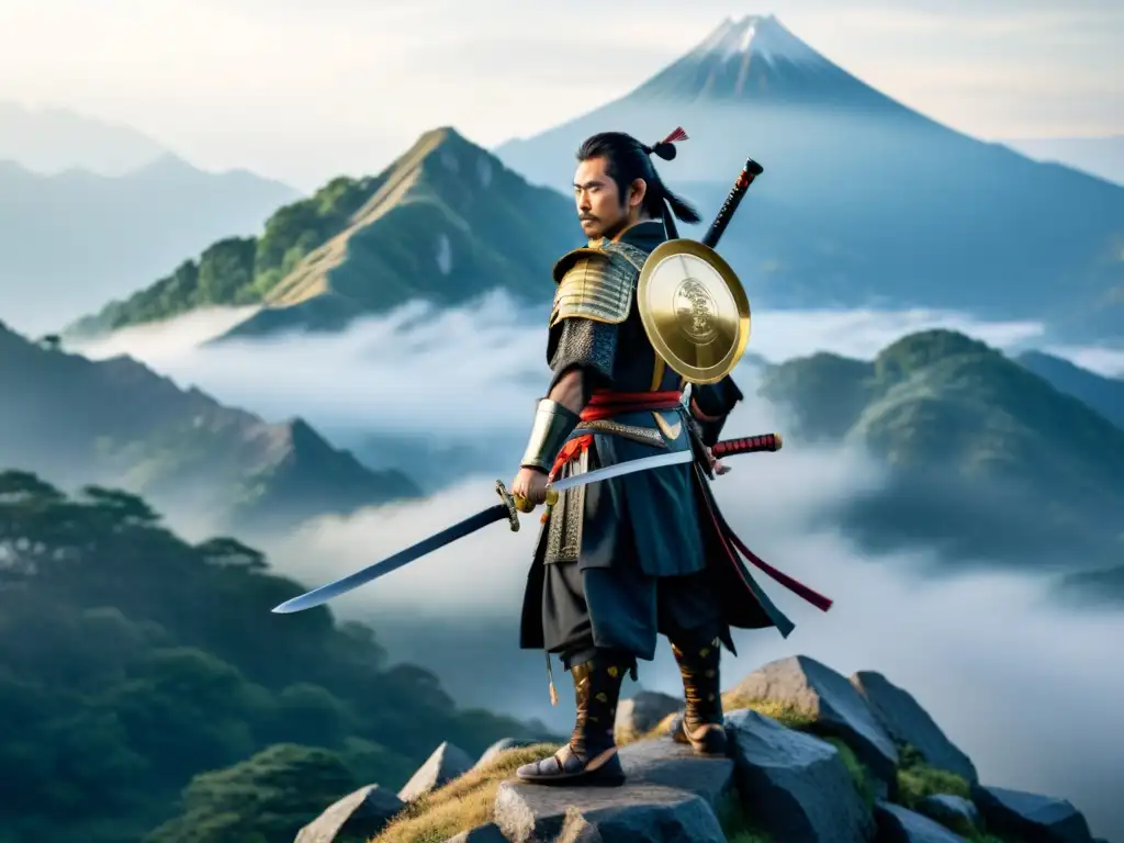 Samurái en la montaña: armadura y katana en alta resolución Un valiente samurái japonés en armadura, sosteniendo una katana brillante, contempla serenamente un paisaje de montaña neblinoso