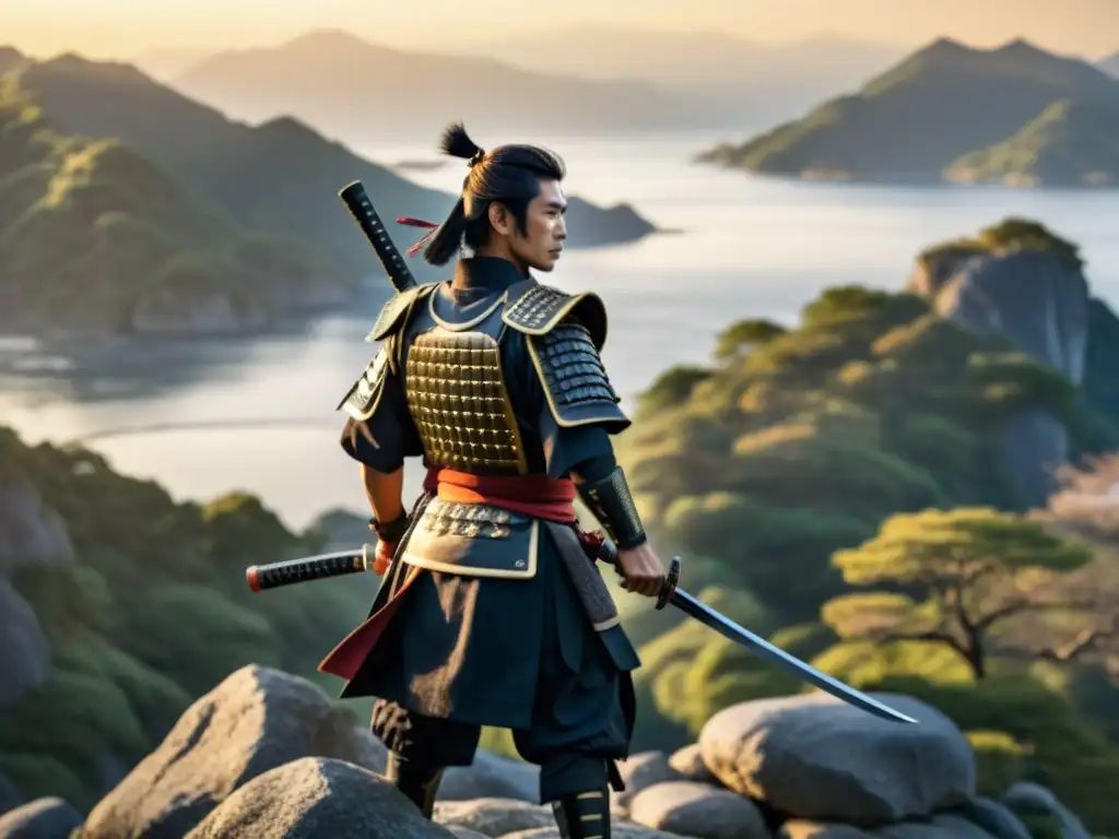 Un valiente samurái con katana en un acantilado, reflejando la influencia del Bushido en la cultura pop japonesa