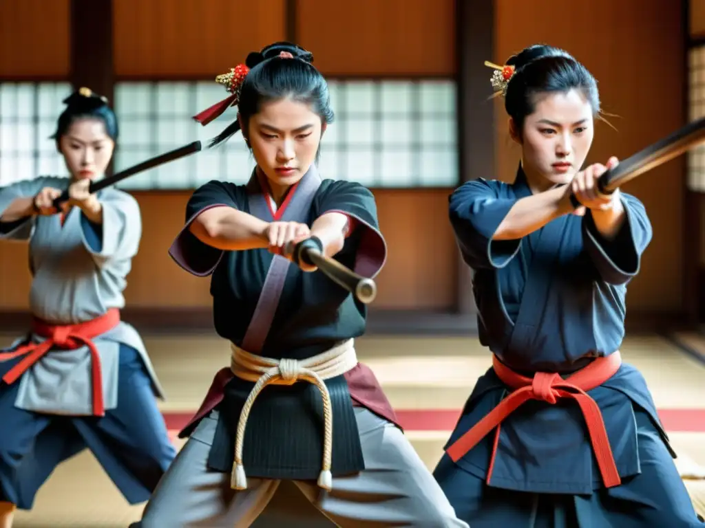 Valientes mujeres legendarias samurái practican con determinación en el dojo, portando armas de madera y mostrando su habilidad marcial