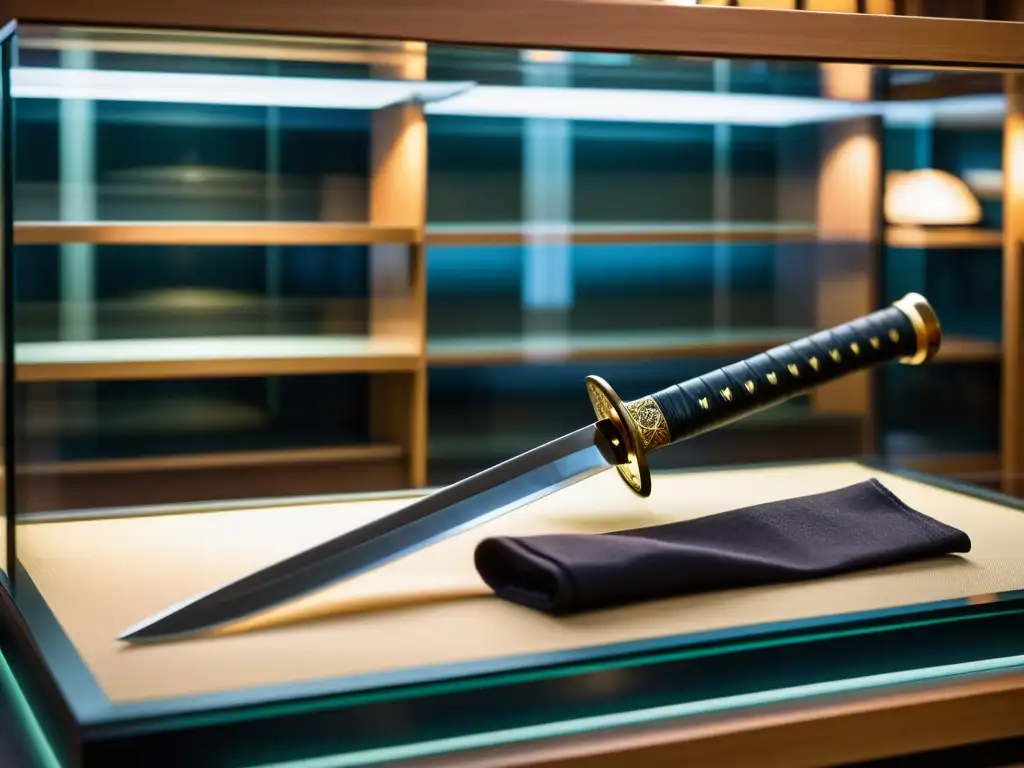 Un valioso katana japonés es colocado con cuidado en una vitrina segura, resaltando medidas de seguridad para espadas samurái