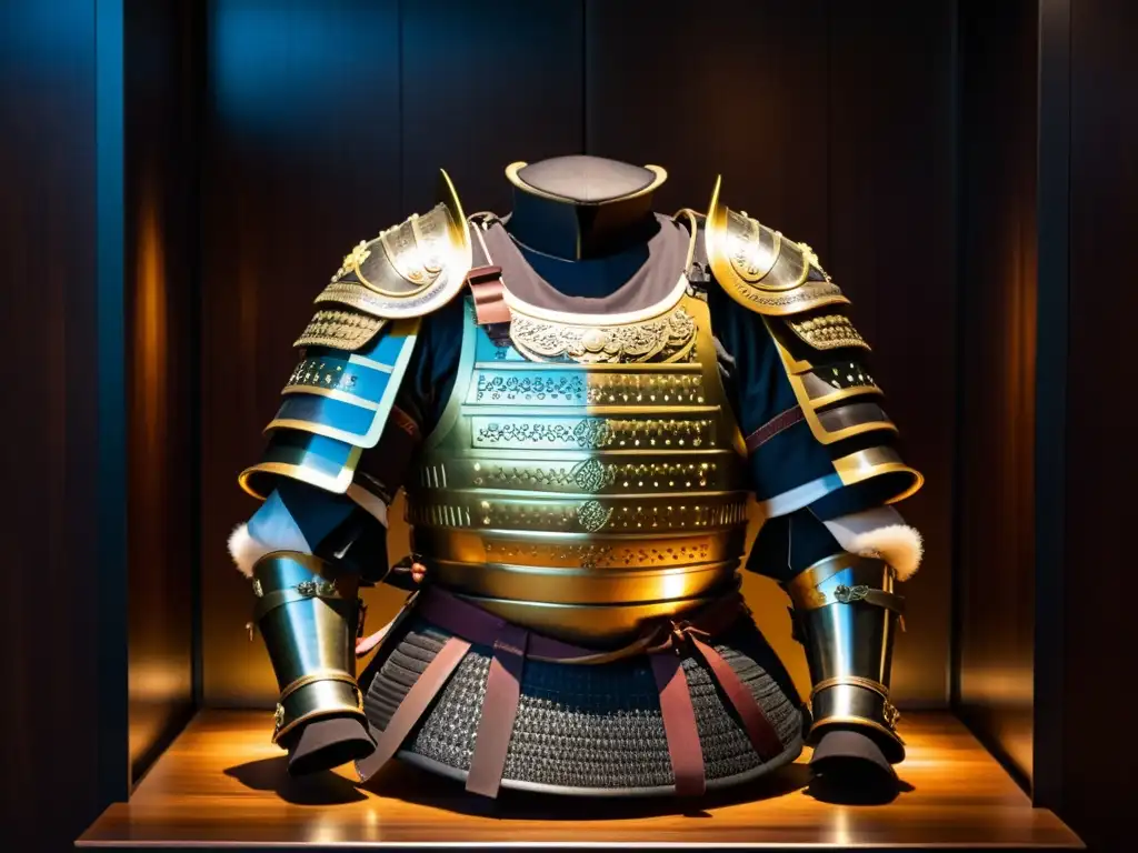 Valores samurai para la juventud: armadura japonesa tradicional en exhibición, detalle y simbolismo en iluminación tenue