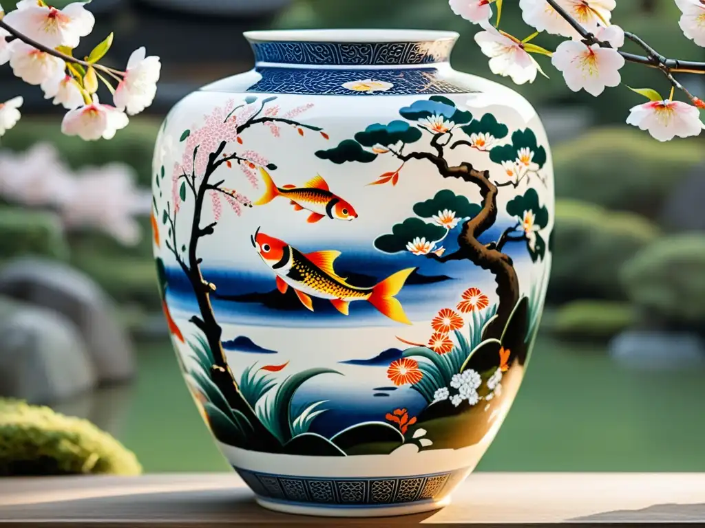 Vaso cerámico japonés con escenas de batalla samurái pintadas, destacando el arte samurái en cerámica contemporánea