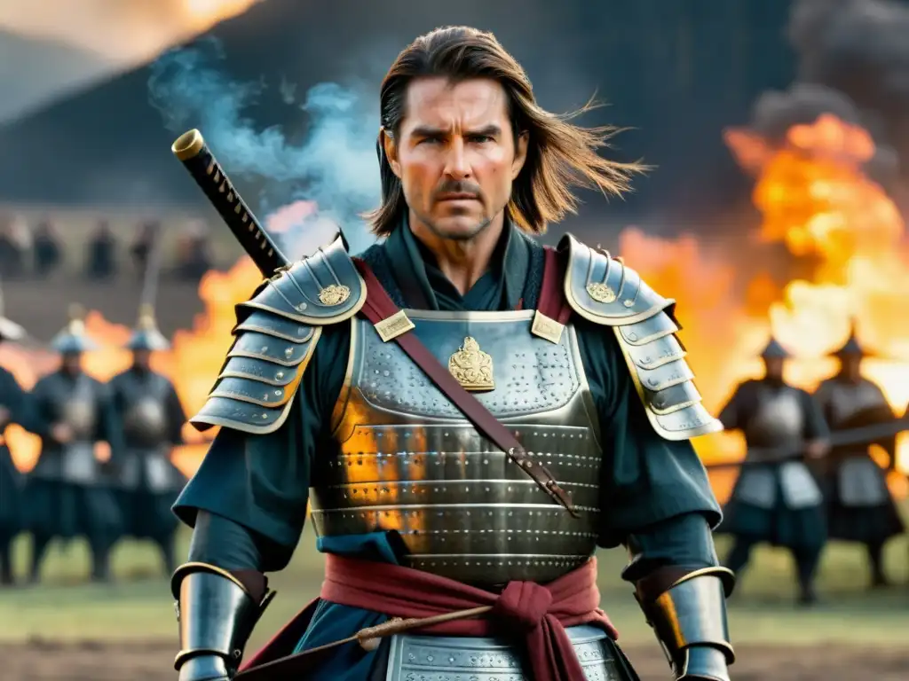 Tom Cruise como Nathan Algren en la verdadera historia del último samurái, con armadura samurái y katana en medio de una batalla caótica