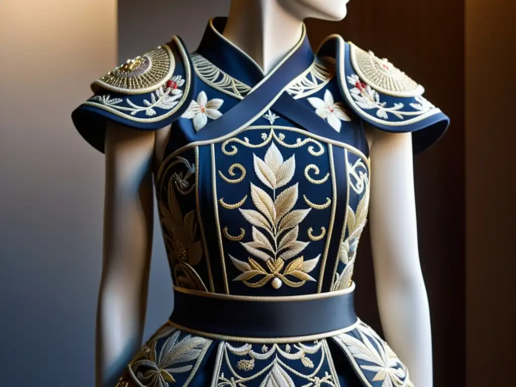 Vestido de alta costura con influencia samurái, evocando fuerza y elegancia, en contraste con el paisaje japonés de fondo