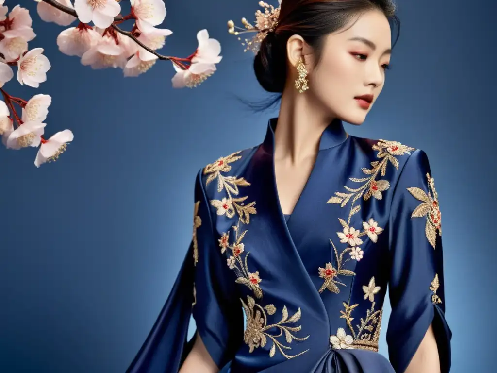 Vestido de seda indigo con bordados de samurái y motivos de cerezos, en contraste con arte japonés