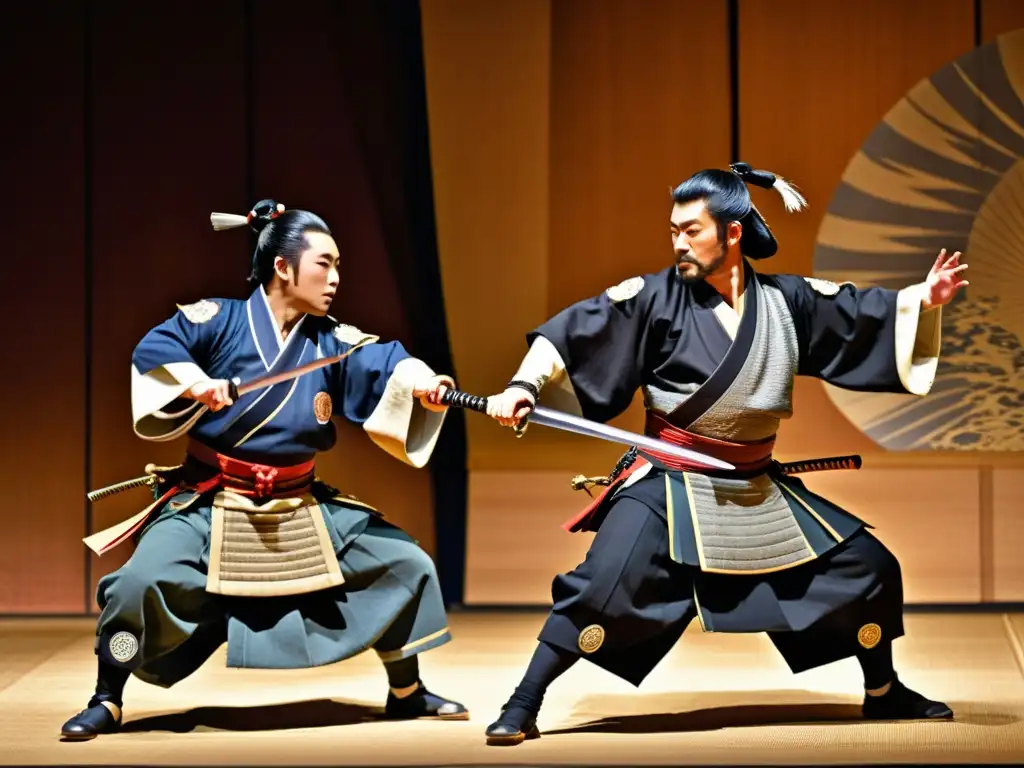 Vibrante batalla samurai en el teatro Noh, influencia de las batallas samurai