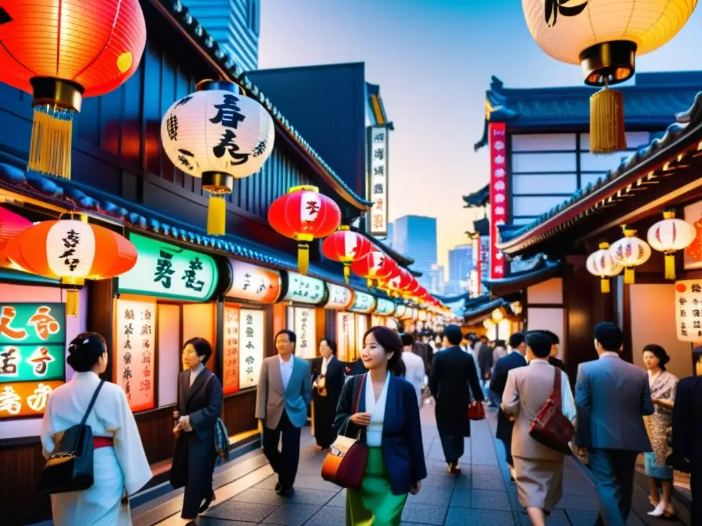 Vibrante calle de Tokyo con difusores de la cultura japonesa, neón, kimonos y arquitectura moderna y tradicional