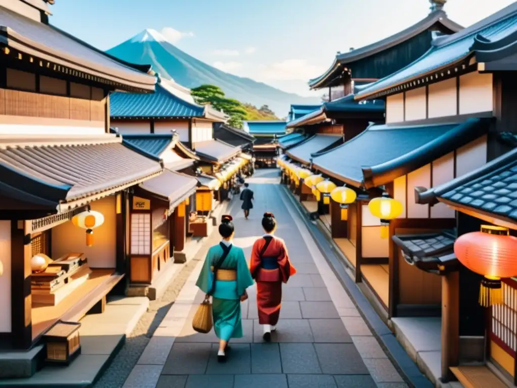 Una vibrante calle del Japón tradicional en un distrito samurái, con tiendas y gente vestida de forma tradicional