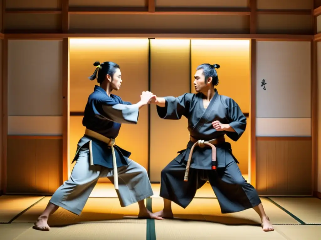 Vibrante representación cinematográfica guerreros japoneses en un dojo tradicional con tatamis, puertas corredizas de papel y armas de madera