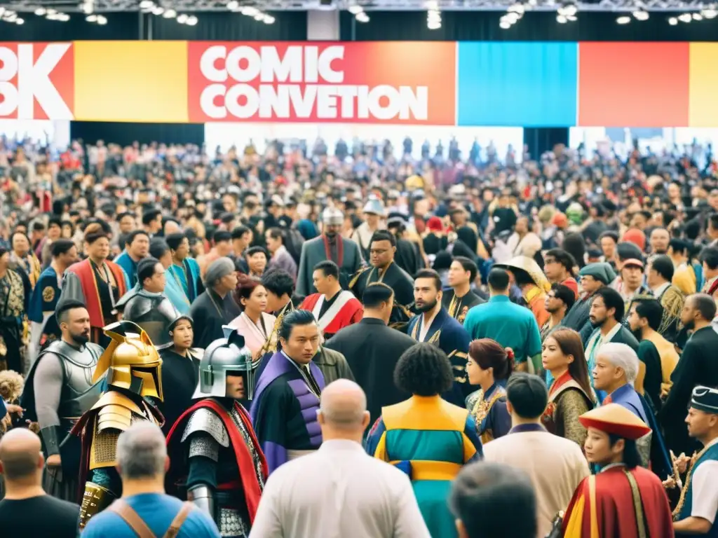 Vibrante convención de cómics con cosplayers debatiendo adaptaciones ética samurái en novelas gráficas