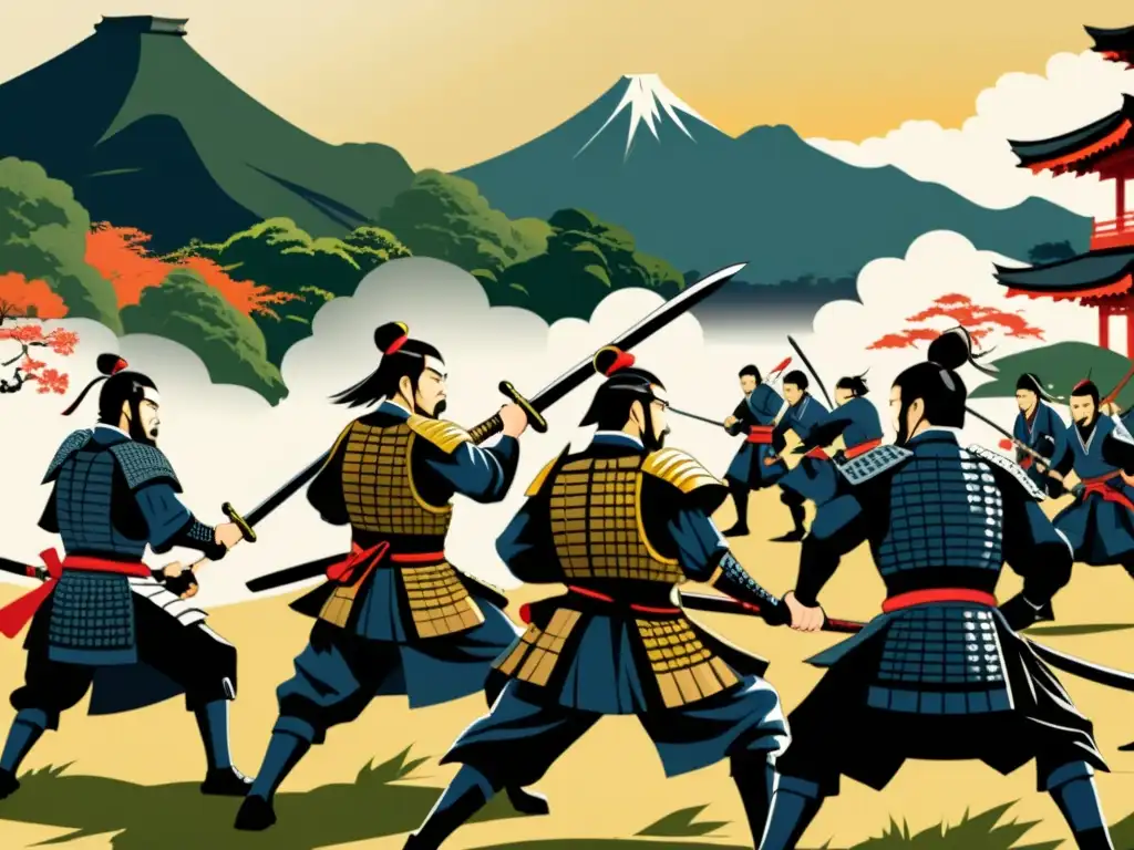 Vibrante ilustración documental de samuráis en feroz batalla con misioneros jesuitas en el Japón feudal