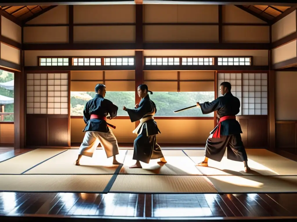 Vibrante entrenamiento de samuráis y ninjas en un dojo japonés, mostrando la relación entre ambos guerreros en su práctica disciplinada y enfocada