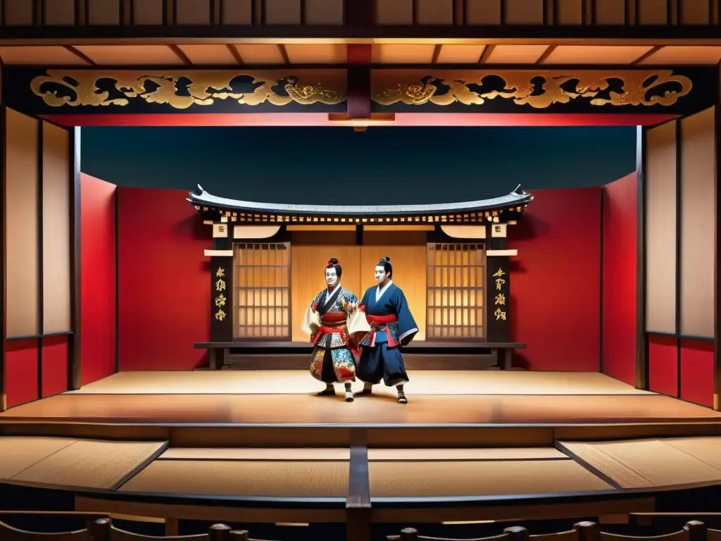 Vibrante escena de teatro Kabuki con estética Samurai en dramaturgia