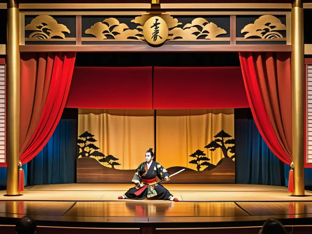 Vibrante escenario de teatro kabuki japonés con actores samurái en trajes elaborados