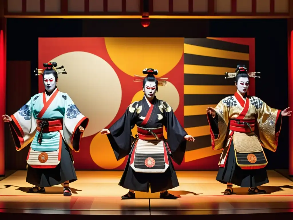 Vibrante escenario de teatro Kabuki con fusión espíritu samurái técnicas modernas