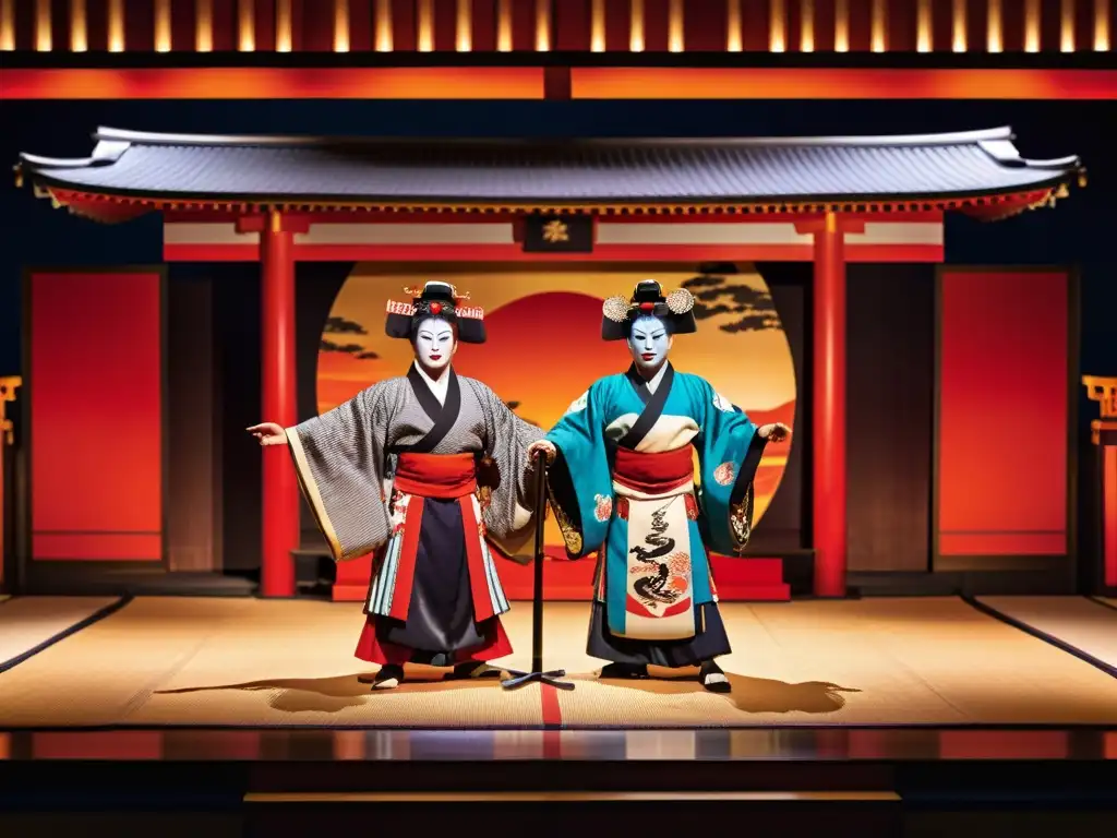 Vibrante escenario del teatro Kabuki, actores expresivos y vestuario elaborado destacan la influencia del teatro en samurái