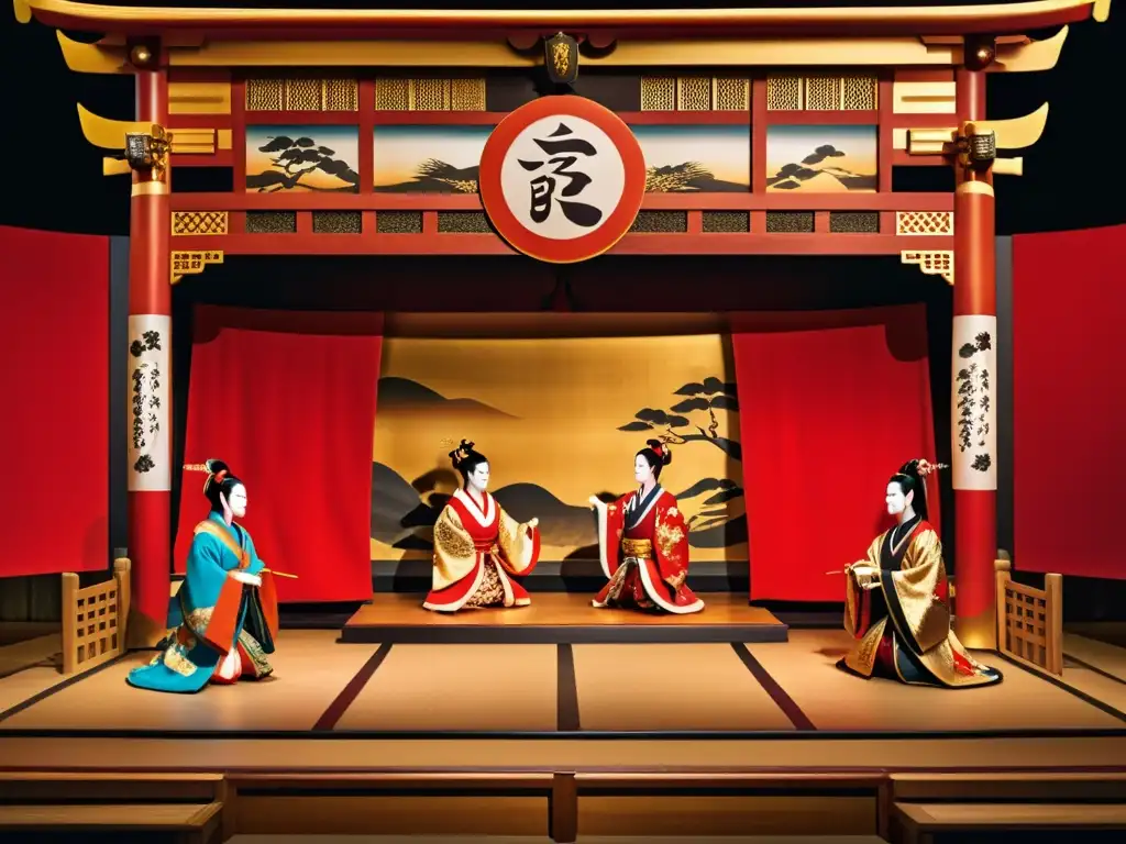 Vibrante escenario de teatro tradicional japonés influencia samurái, con actores Kabuki, escenografía detallada y vestuario elaborado en rojo y dorado