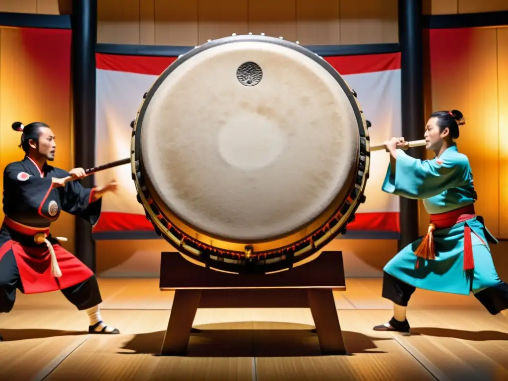 Un vibrante espectáculo de taiko japonés con músicos y bailarines samuráis, expresión cultural a través de la música y la danza