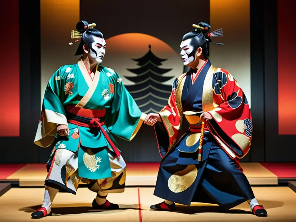 Vibrante representación del Kabuki moderno con actores vestidos de samuráis en un escenario dramático