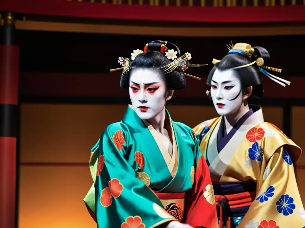 Representación vibrante del Kabuki moderno: actores con trajes y maquillaje impactantes en una escena teatral dinámica