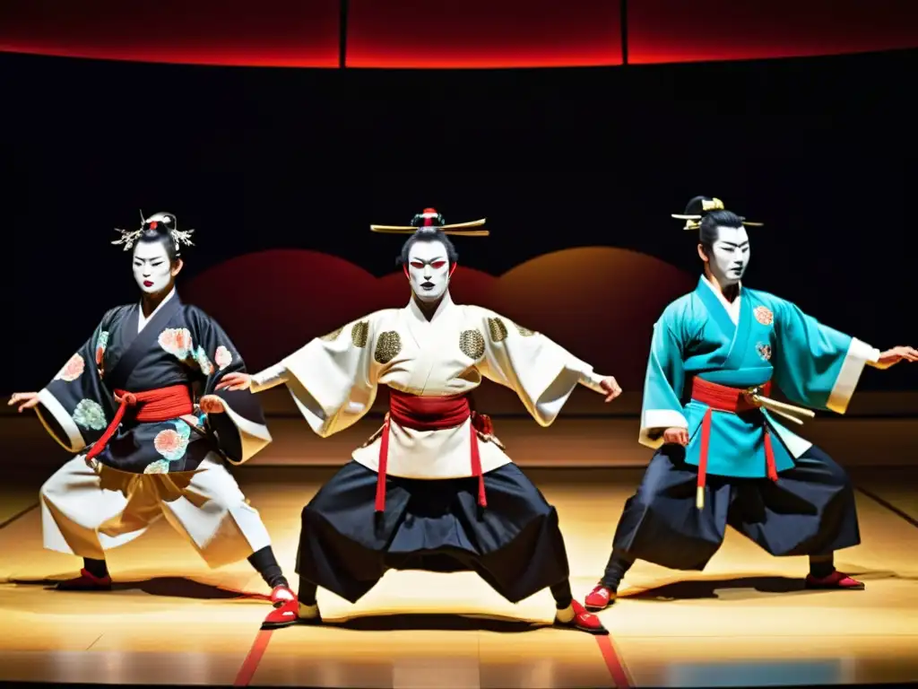 Vibrante presentación del Kabuki Moderno con samuráis ejecutando una coreografía sincronizada al ritmo de la música tradicional japonesa