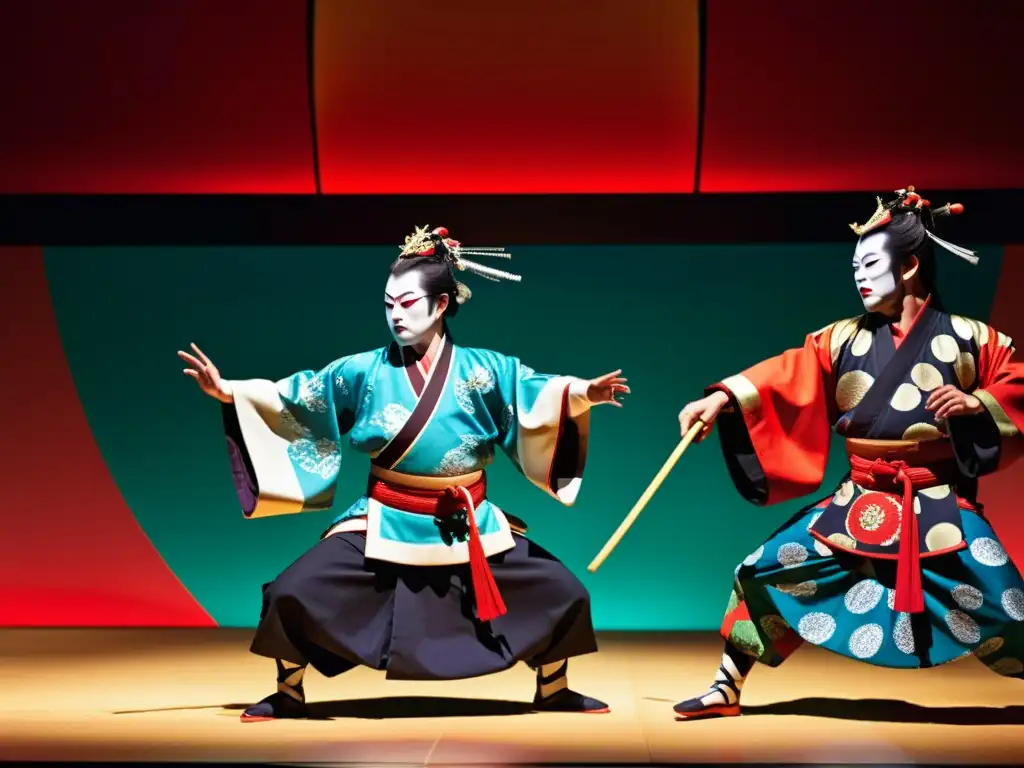 Vibrante coreografía Kabuki con técnicas samurái en trajes tradicionales