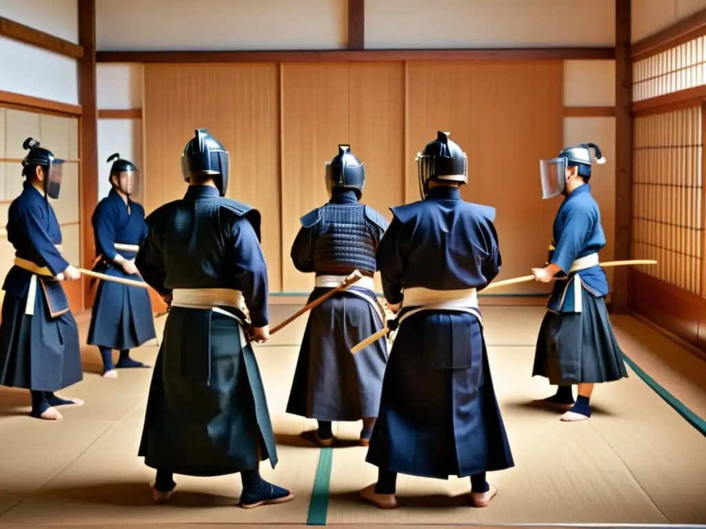 Vibrante exhibición de Kendo en un dojo japonés, con practicantes en uniformes blancos y equipo de protección, reflejando autenticidad y disciplina