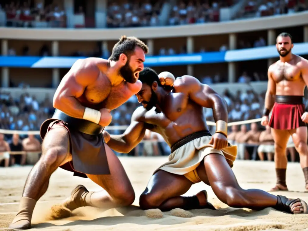 Vibrante recreación de una lucha de Pankration griego en la arena, con detalles históricos y una multitud entusiasta