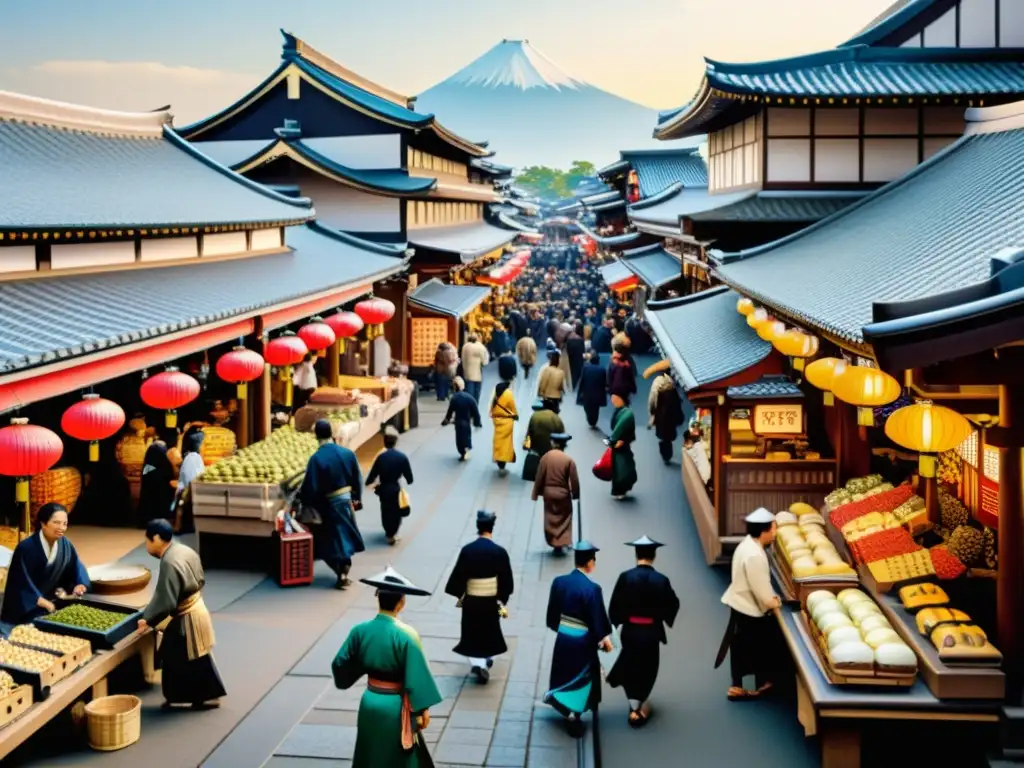 Vibrante mercado japonés histórico, con samuráis y visitantes extranjeros en una animada escena de comercio