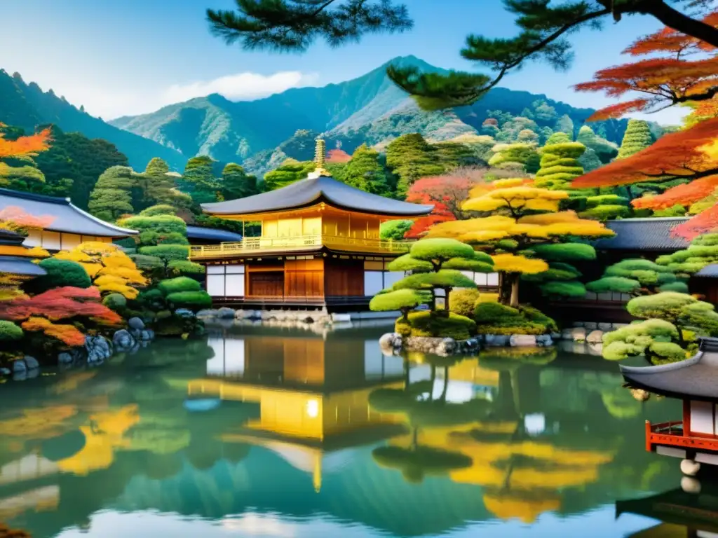 Vibrante panorama de Kyoto con el majestuoso templo Kinkakuji resaltando entre el follaje otoñal